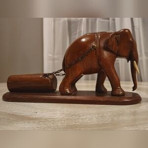 Vintage/Handcrafted Wooden Elephant Figurine with Log And Chain